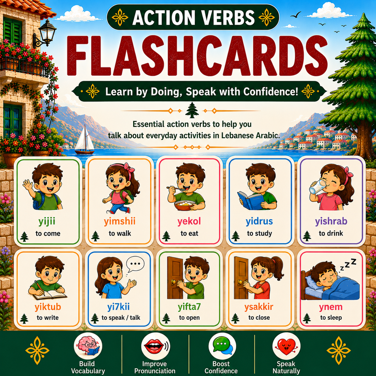 Free Lebanese Arabic action verbs flashcards from Learn Lebanese with Maya for vocabulary and speaking practice