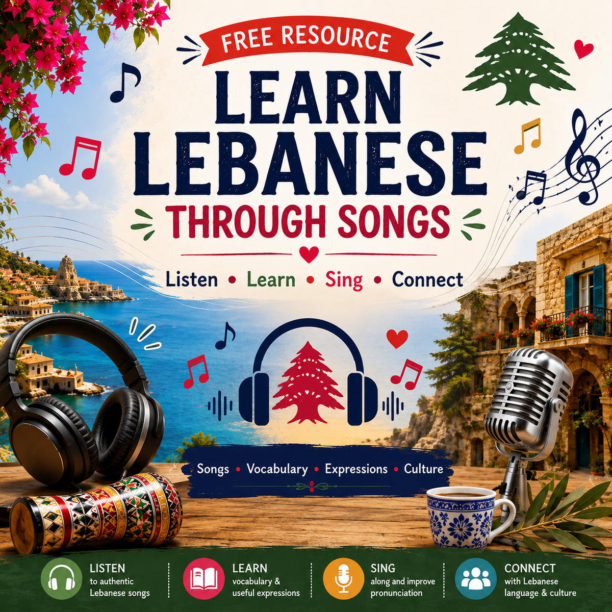 Free Learn Lebanese Through Songs resource for Lebanese Arabic vocabulary, pronunciation, listening, and culture